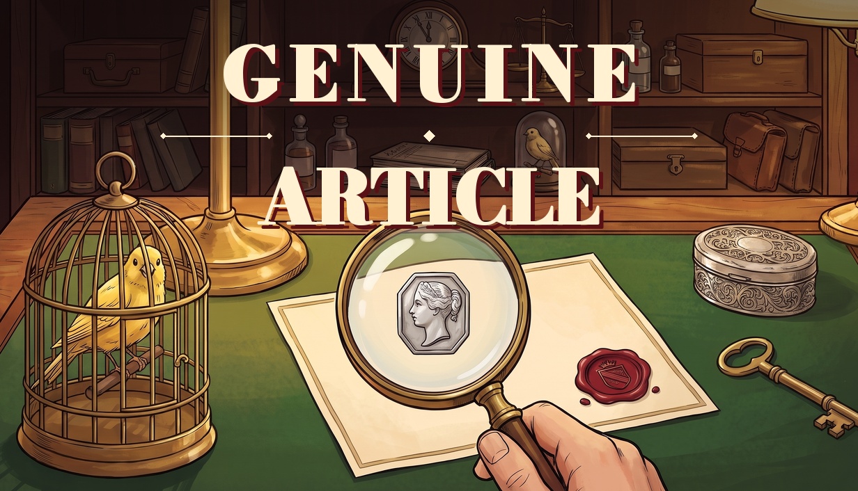 Genuine Article key art: a lamp-lit bureau desk with a magnifying glass, silver object and wax seal